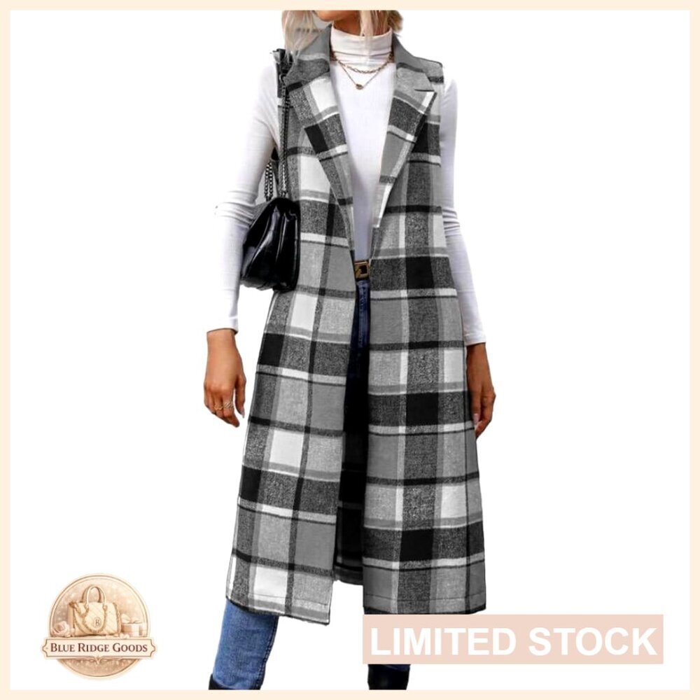 Long Plaid Vest Sleeveless Trench Coat Blazer Jacket Open Front Cardigan